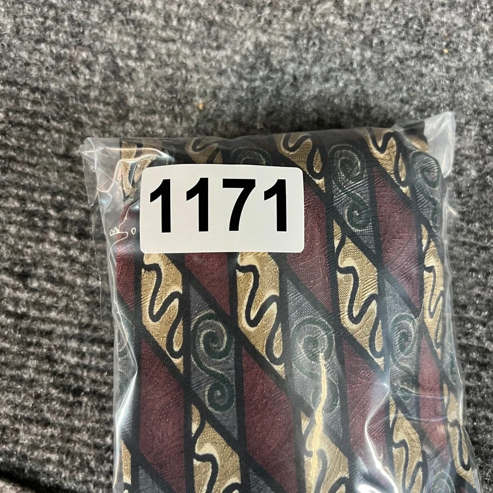 Martin Wong Napa CA Silk Necktie Burgundy Gold Grey Geometric Scroll Made in USA